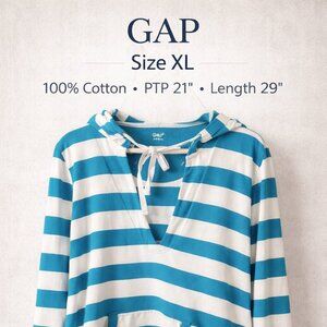 GAP Blue White Striped Hoodie XL 100% Cotton Pullover Kangaroo Pocket